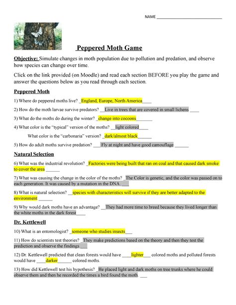 peppered moth game worksheet answers.